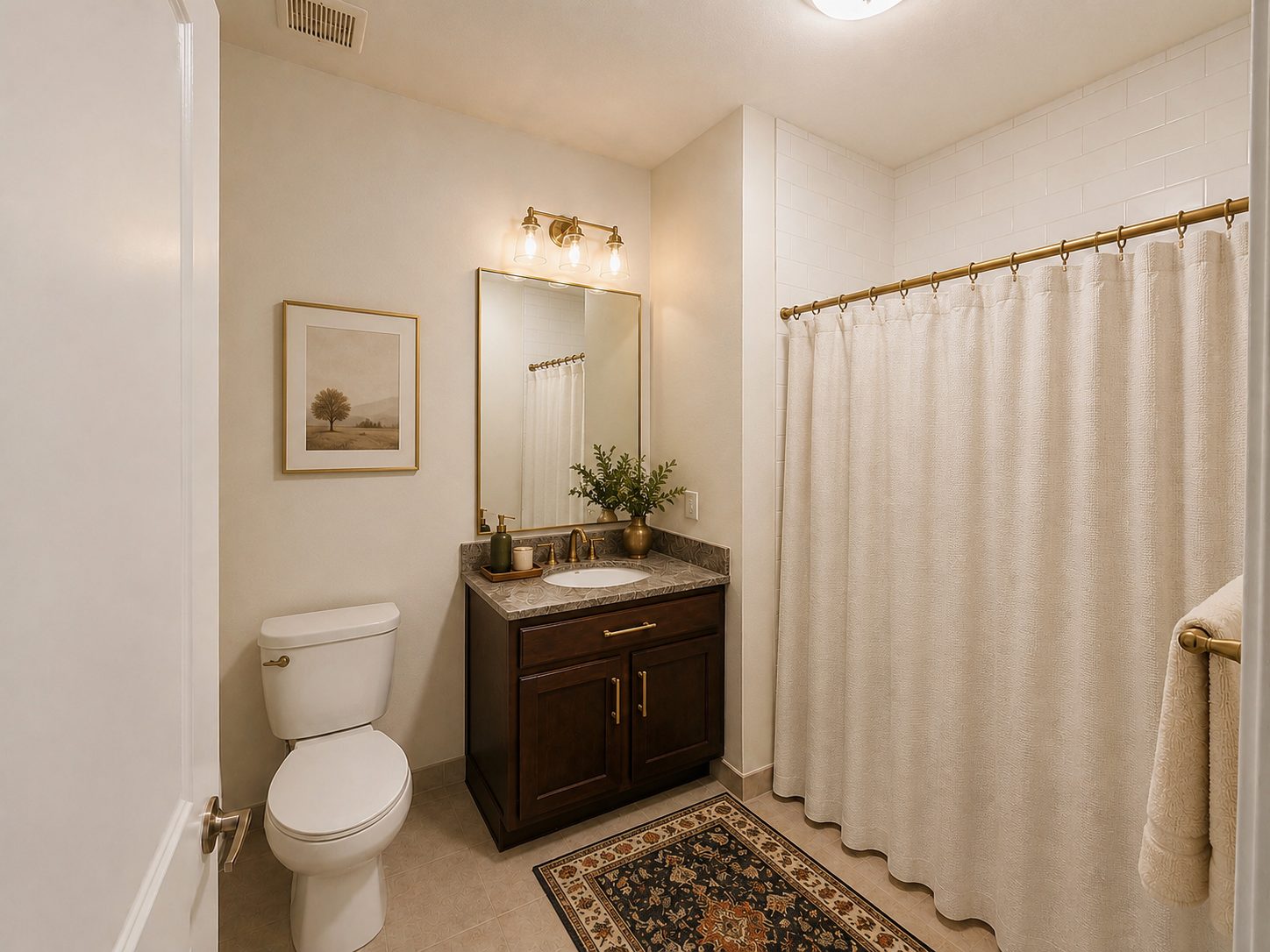 Full bathroom with dark wood vanity, granite countertop, and gold fixtures