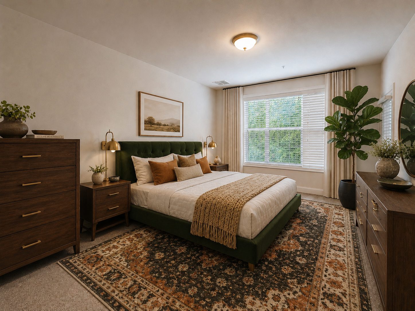 Primary bedroom with green velvet tufted headboard and gold swing-arm sconces