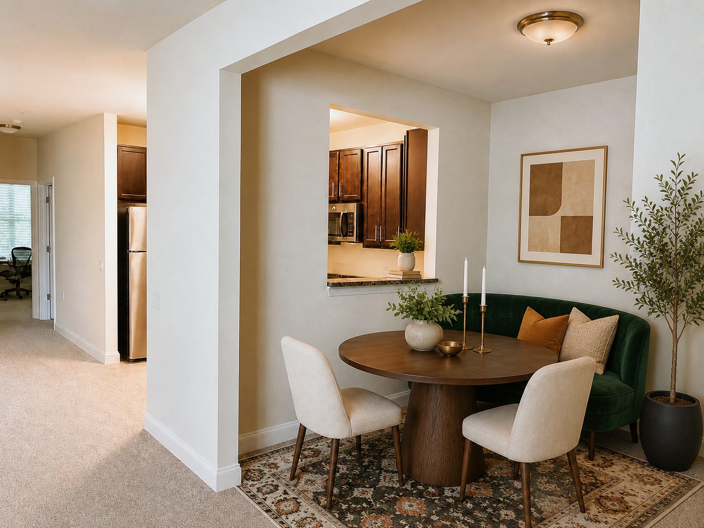 Round walnut dining table with green velvet banquette and kitchen pass-through