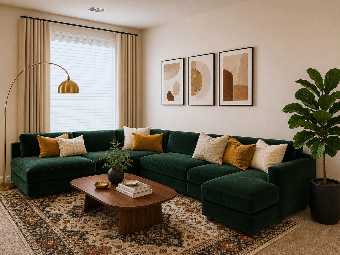 Forest-green velvet sectional in a bright, professionally managed living room